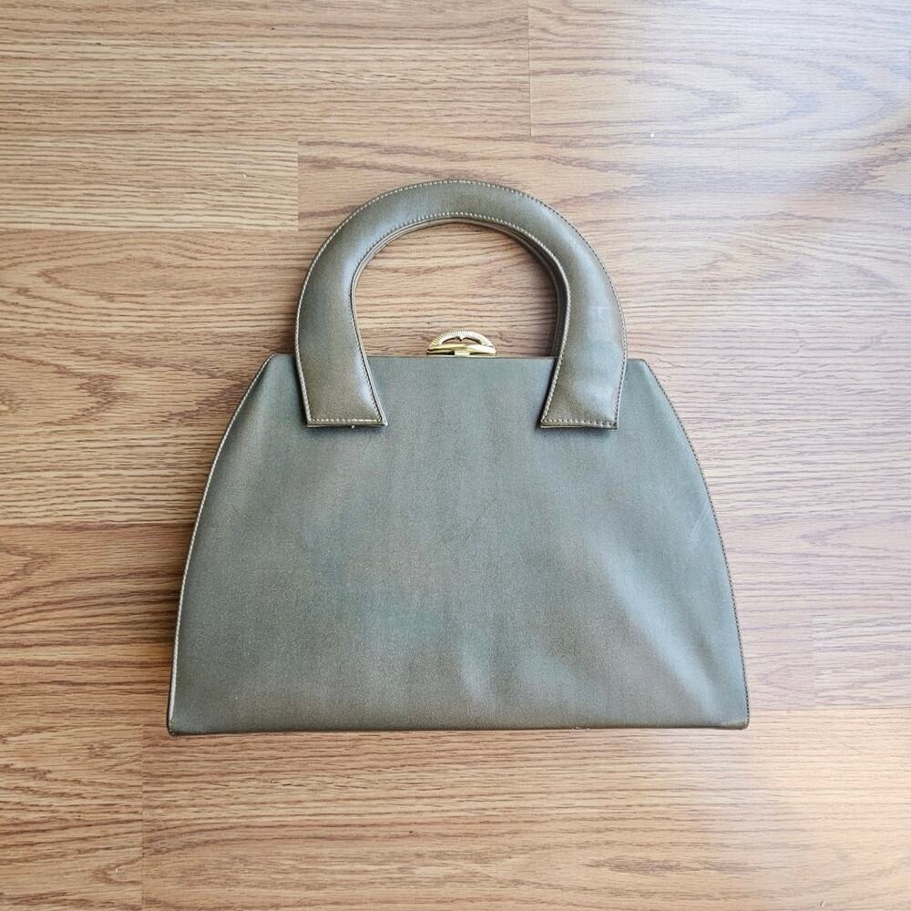 Vintage Taupe Leather Kisslock Top Handle Bag, Minimalist, Quiet Luxury